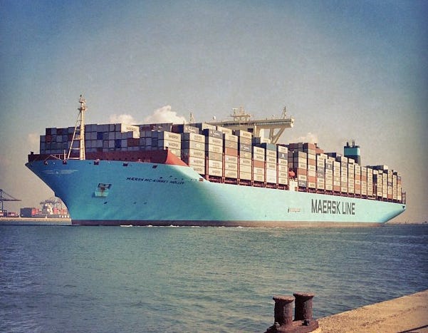 Trade ware vehicle -- Ultra Large Container Vessel Mærsk Mc-Kinney Møller passing Port Said in the Suez Canal. Source: Wikipedia