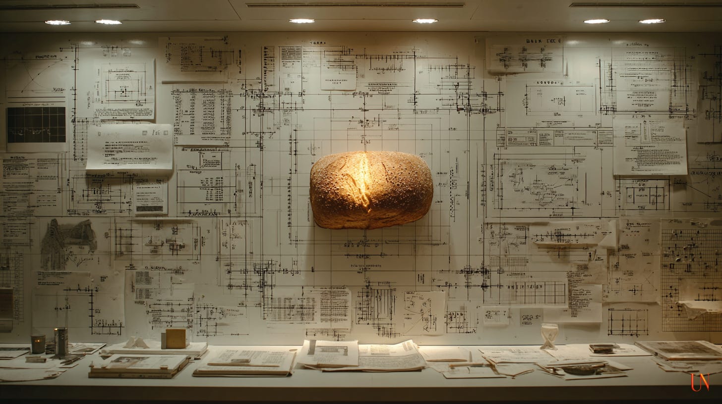 A single loaf of bread is mounted like an artifact on a wall covered with technical schematics, calculations, and bureaucratic documents. Fluorescent lights cast a sterile glow over the scene, making the bread appear both illuminated and trapped within the machinery of planning and control.