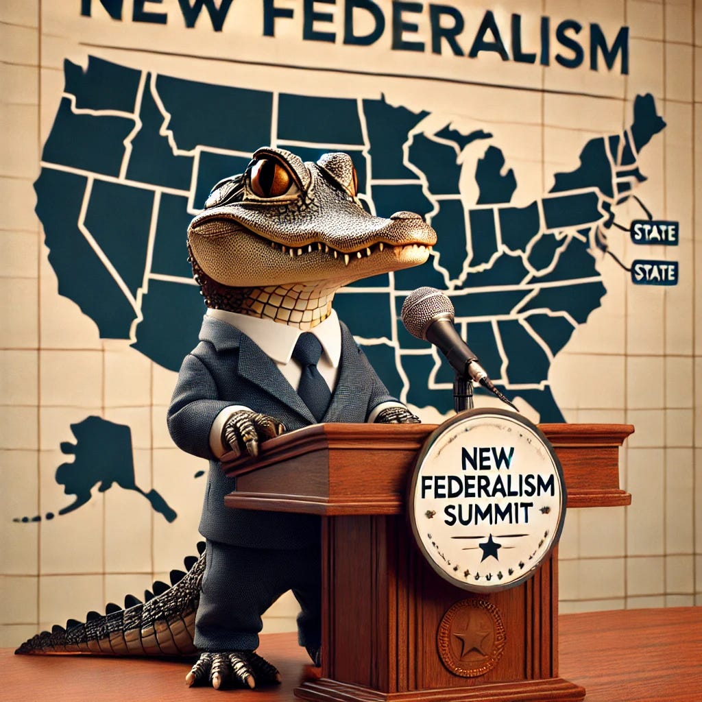 A small, cute, anthropomorphic alligator dressed in a modern suit, standing at a podium with a banner behind him that reads 'New Federalism Summit'. The background features a stylized map of the United States with state borders highlighted, symbolizing decentralized governance. The scene has a professional yet engaging tone, with Croaky confidently addressing a thoughtful audience. The image should convey the intellectual rigor and statesmanship associated with the New Federalist movement. A small, cute, anthropomorphic alligator dressed in a modern suit, standing at a podium with a banner behind him that reads 'New Federalism Summit'. The background features a stylized map of the United States with state borders highlighted, symbolizing decentralized governance. The scene has a professional yet engaging tone, with Croaky confidently addressing a thoughtful audience. The image should convey the intellectual rigor and statesmanship associated with the New Federalist movement.