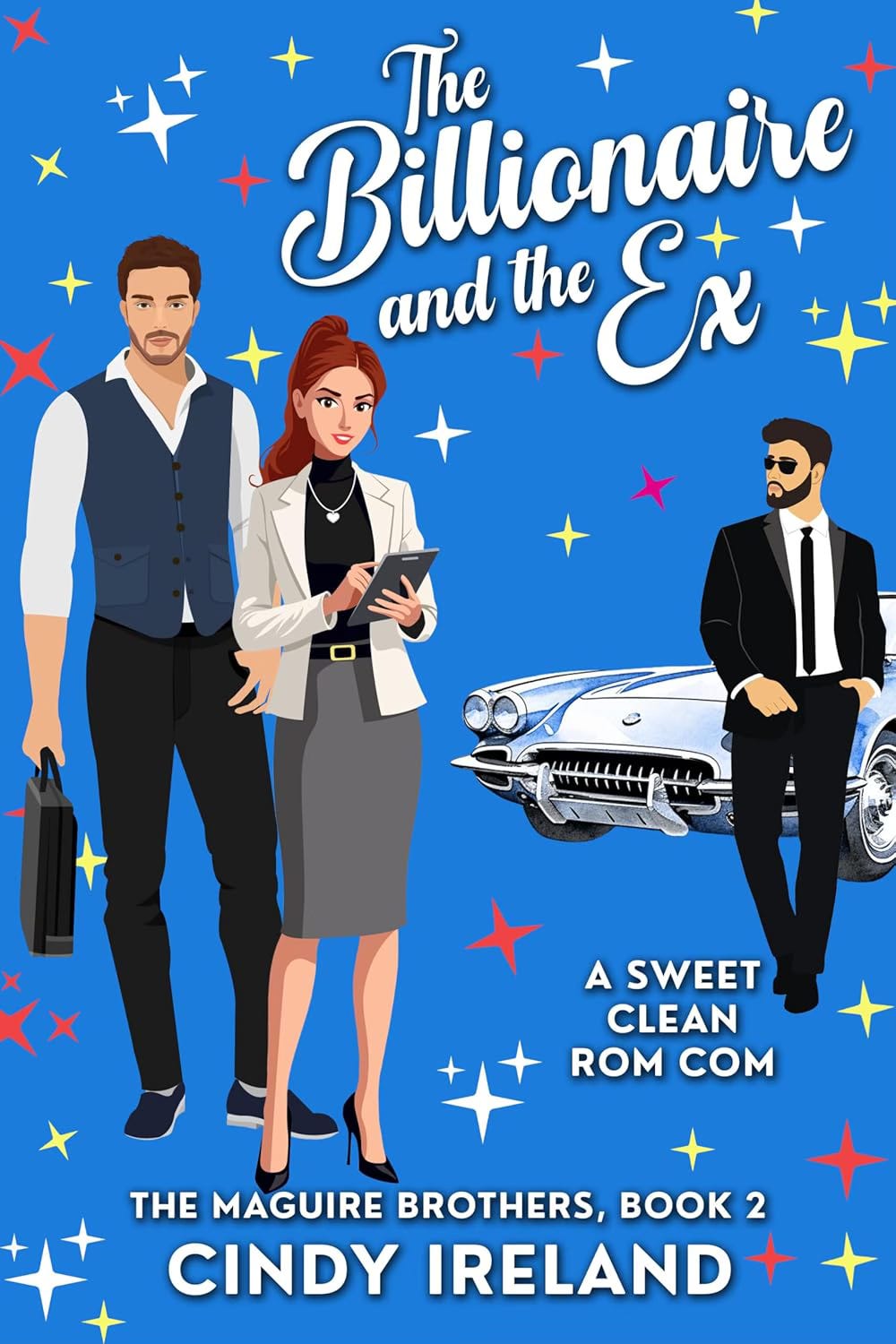 A bright blue book cover with images of a well-dressed couple on the left and a bearded man leaning against a sports car on the right A bright blue book cover with images of a well-dressed couple on the left and a bearded man leaning against a sports car on the right