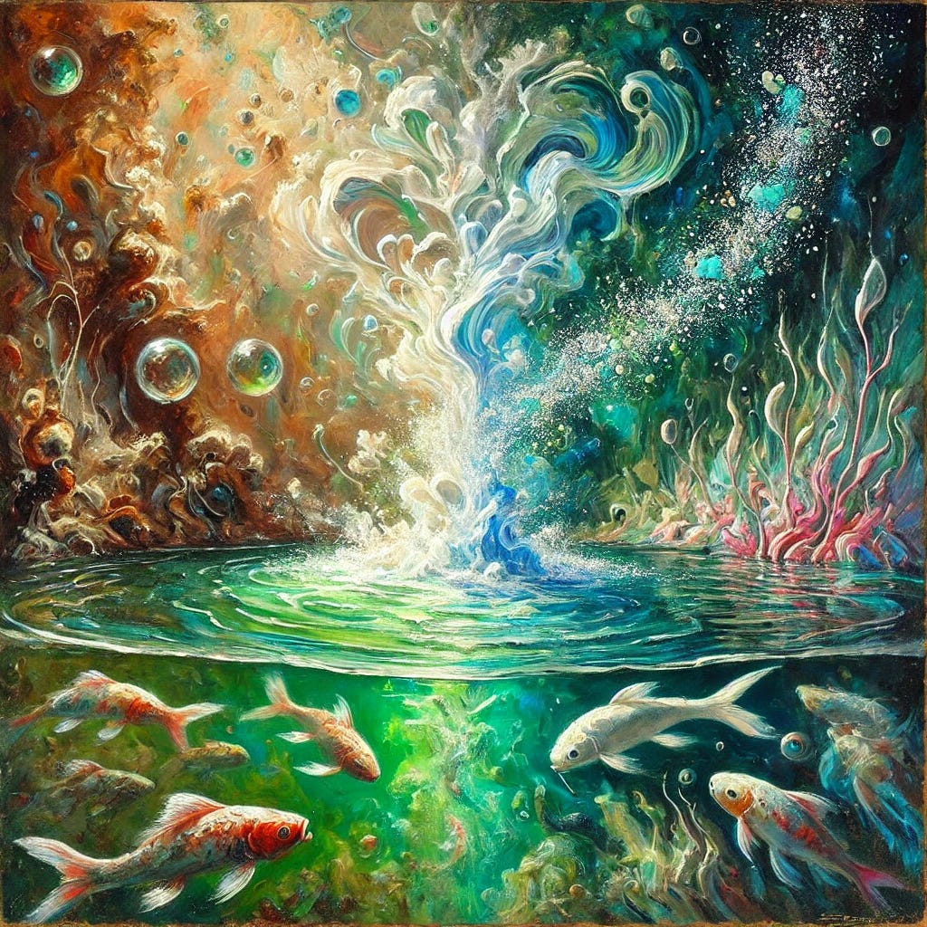 A vibrant, abstract impressionist oil painting in square format symbolising the body as a lake ecosystem and the transformative effect of oxygen therapy. The bottom left shows a dark, stagnant lake—murky greens, browns, and shadowy swirls—choked with thick textures representing disease and stagnation. Dying fish forms and tangled plants fade into the shadows. From the centre emerges a dynamic spring of radiant aquamarine, white, and cerulean blue water bursting upward and outward, symbolising fresh oxygen flow. This spring brings life to the upper right, where vivid greens, coral pinks, and golds represent flourishing plant life, healthy movement, and vibrant renewal. Light brush strokes dance across the surface like flowing oxygen, with sparkling, ethereal patterns that suggest cellular transformation. The painting subtly suggests resistance and struggle in the shadows, but the dominant feeling is of healing, energy, and balance restored through natural flow. A vibrant, abstract impressionist oil painting in square format symbolising the body as a lake ecosystem and the transformative effect of oxygen therapy. The bottom left shows a dark, stagnant lake—murky greens, browns, and shadowy swirls—choked with thick textures representing disease and stagnation. Dying fish forms and tangled plants fade into the shadows. From the centre emerges a dynamic spring of radiant aquamarine, white, and cerulean blue water bursting upward and outward, symbolising fresh oxygen flow. This spring brings life to the upper right, where vivid greens, coral pinks, and golds represent flourishing plant life, healthy movement, and vibrant renewal. Light brush strokes dance across the surface like flowing oxygen, with sparkling, ethereal patterns that suggest cellular transformation. The painting subtly suggests resistance and struggle in the shadows, but the dominant feeling is of healing, energy, and balance restored through natural flow.