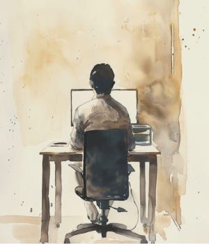 vintage editorial watercolor illustration of a lone figure at a corporate desk seen from behind, monitor glowing, office door closed, muted neutrals, cream paper texture
