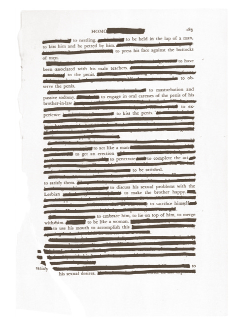A page from the novel Blackouts by Justin Torres, itself consisting of a page of Sex Variants: A Study in Homosexual Patterns with the less sexy bits blacked out.