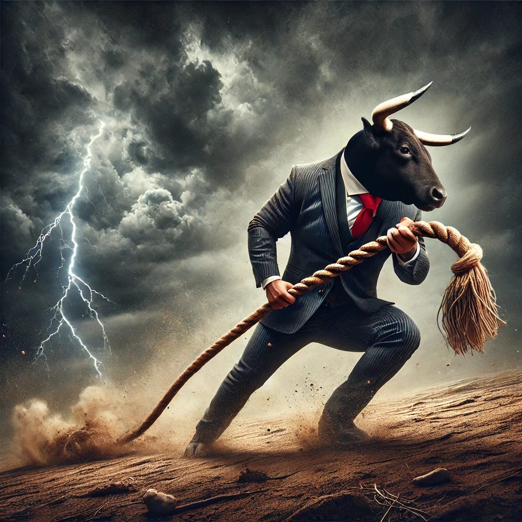 A determined bull wearing a suit, holding and pulling a rope that is starting to tear, in a dramatic environment. The scene features a stormy sky with dark clouds and lightning, adding tension and intensity. The ground is rugged and uneven, with dust and debris swirling around. The bull, less bulky but still strong, has a slightly smaller head, and stands firm, showcasing determination and struggle. The fraying rope adds to the drama, with some strands already broken. The overall atmosphere evokes a sense of epic challenge and resilience.
