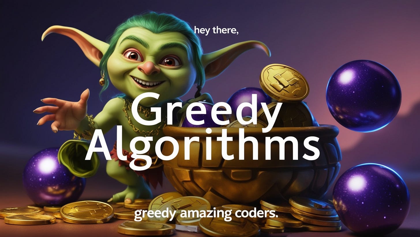 Hey there, amazing coders 👨‍💻! Today we’re diving into the world of Greedy Algorithms, a magical land of quick decisions, instant gratification, and minimizing regret. Imagine a goblin who grabs the shiniest coins without looking further ahead. Sometimes, his strategy works out great... and sometimes, he ends up missing the gold pile entirely! So how do we know when a Greedy Algorithm is a “winning strategy”? Let’s find out!  Include only one text which is "Greedy Algorithms"