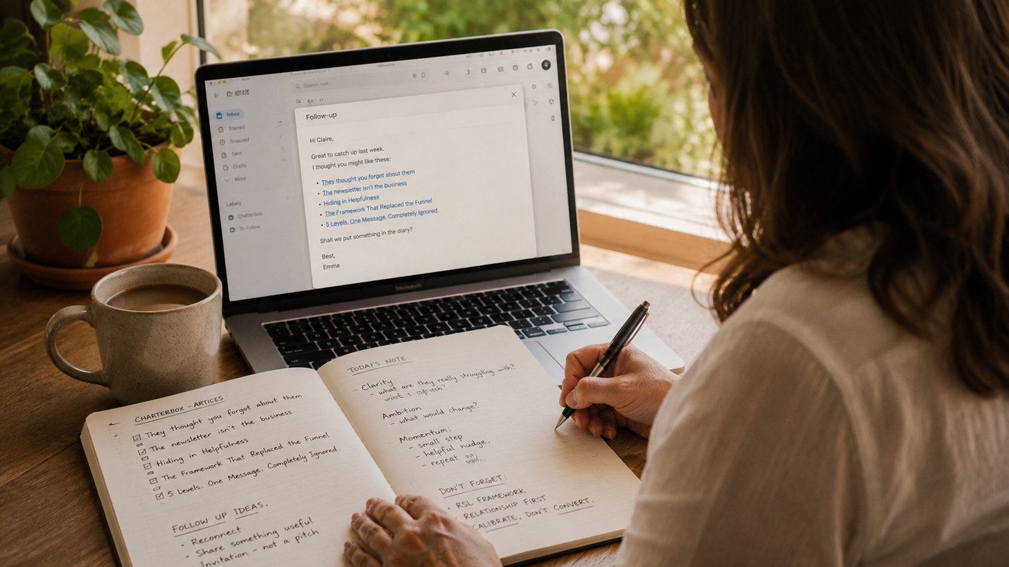 A woman writing follow-up notes in a journal beside an open laptop showing a client email, capturing the everyday brand behaviour that builds trust in service businesses.
