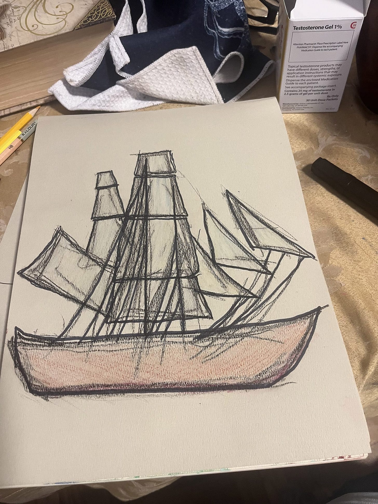 A wooden ship with full sails
