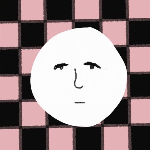 Over a pink and black checker board a white animated face rotates between smiling and frown faces. Over a pink and black checker board a white animated face rotates between smiling and frown faces.