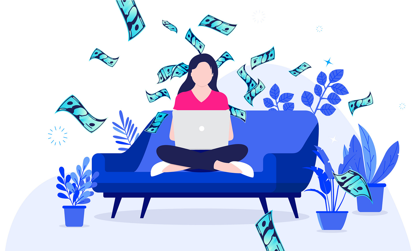 Illustration of woman working online from her couch with dollars raining down Illustration of woman working online from her couch with dollars raining down