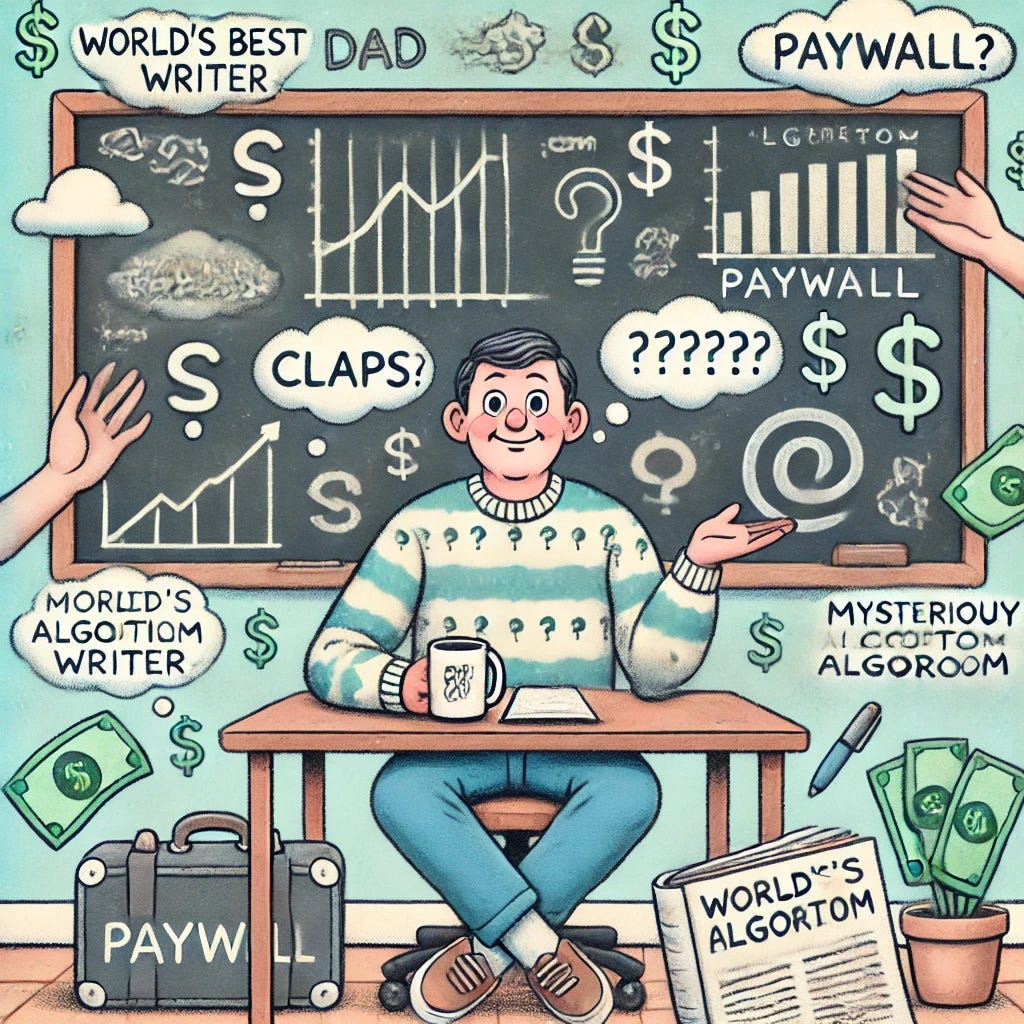 A humorous and whimsical illustration featuring a dad sitting at a desk surrounded by symbols of confusion about Medium's earnings system. Floating around him are claps, question marks, dollar signs, a mysterious algorithm book, and a wall labeled 'Paywall.' The dad has a classic 'dad joke' vibe, wearing a cheesy sweater and holding a coffee mug that says 'World's Best Writer.' The background is light-hearted with cartoonish clouds and a chalkboard-style analytics graph that makes no sense. The overall tone is fun and playful.