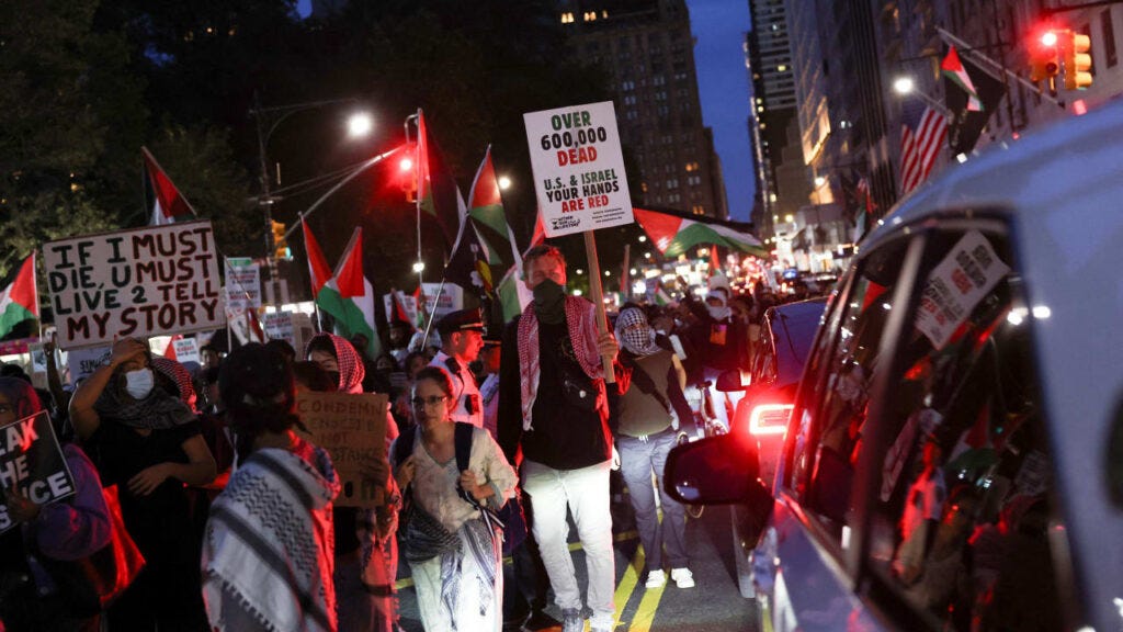 A protest outside of Park East Synagogue in New York City, November 2025
