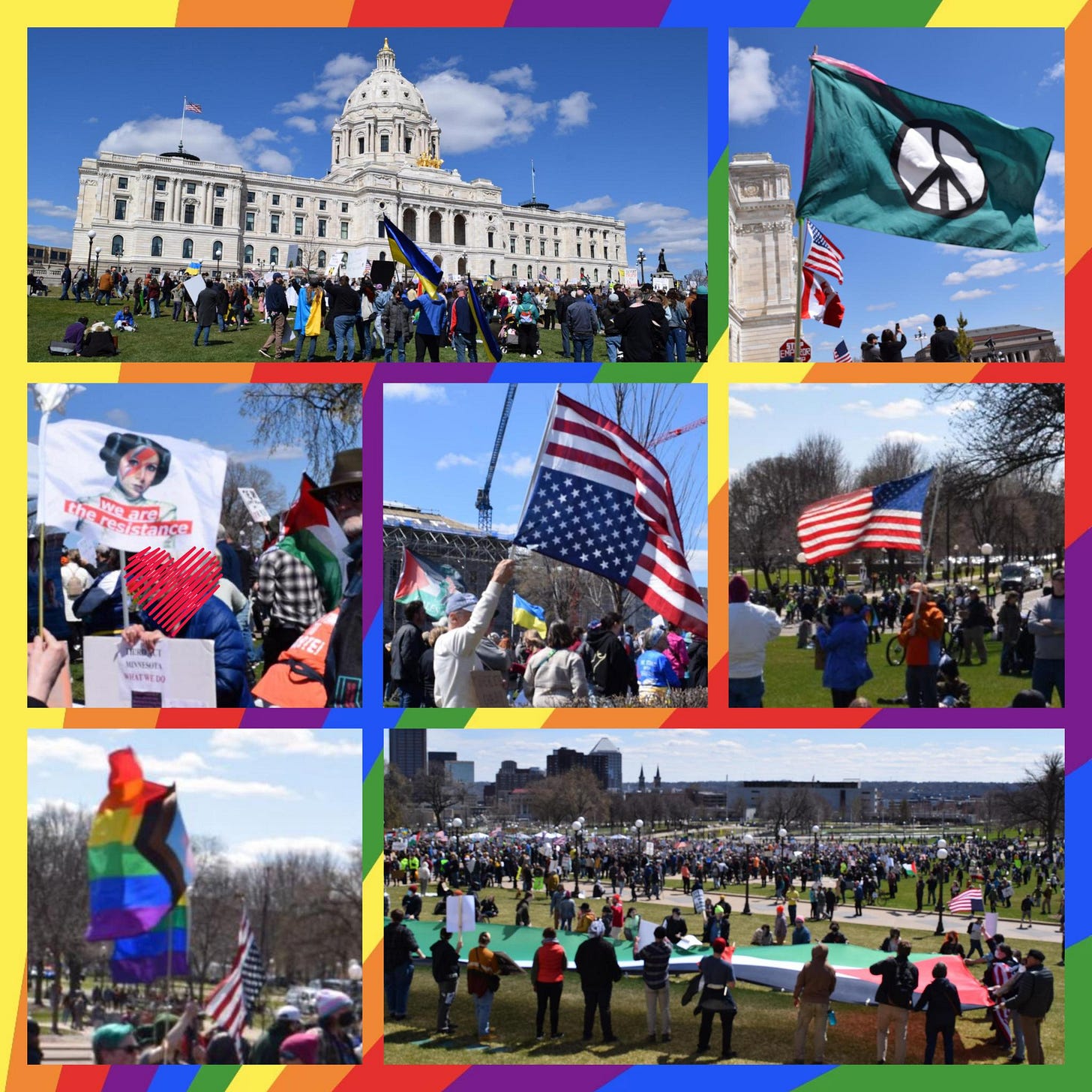 A collage of photos of flags flying including Ukrainian flags, the Peace Symbol flag, the American flag righ-side up and then upside down with the Palestinian flag and Ukrainian flag in the background, a white flag with Princess Leia on it with the words "we are the resistance," multiple Pride flags with an upside-down American flag nearby, and an extremely large Palestinian flag being folded up.