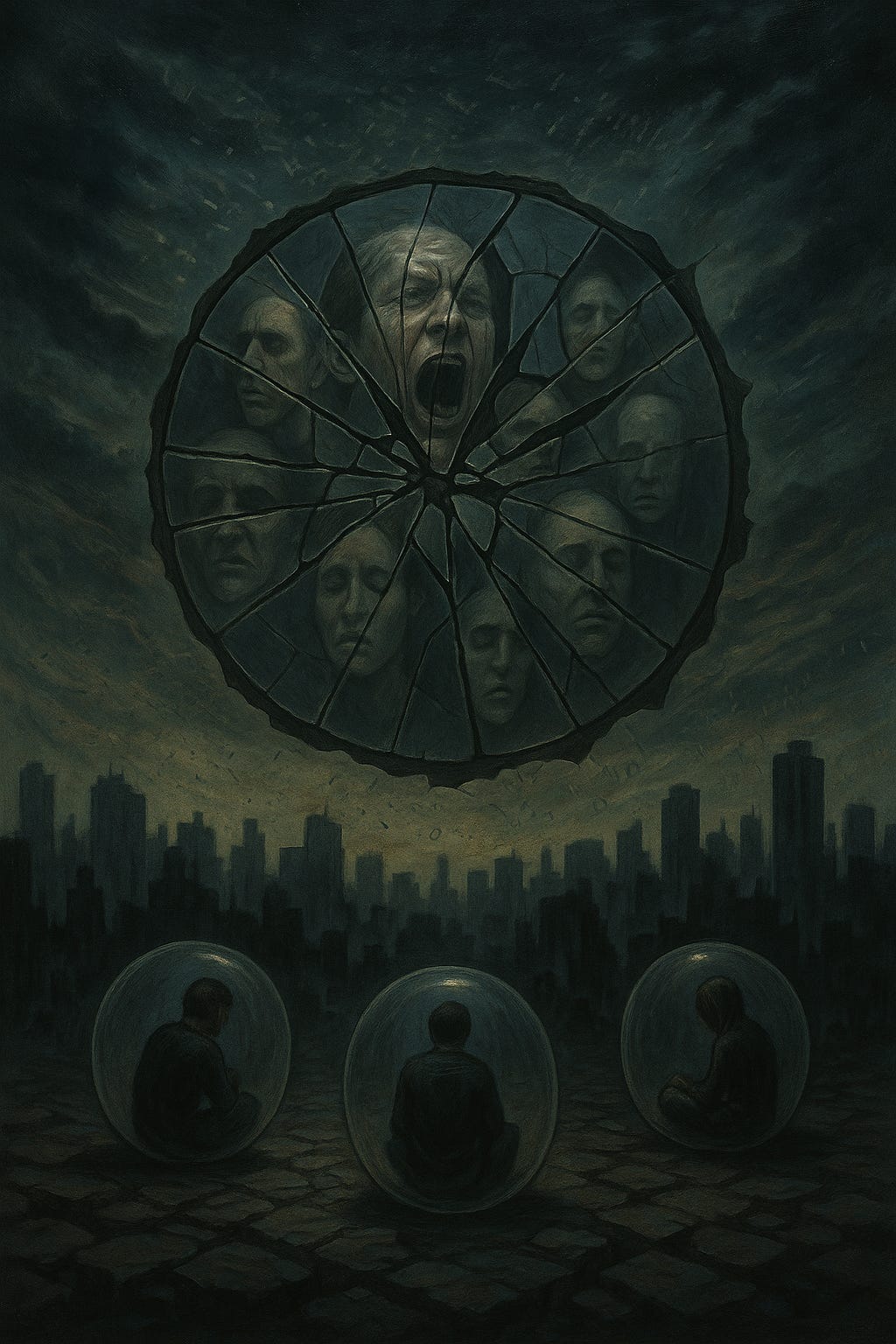 A surreal, dystopian digital painting showing a massive cracked mirror suspended over a dark, chaotic cityscape. The fragmented mirror reflects distorted, anguished faces—some shouting, some crying, some expressionless—symbolising fractured identities and broken collective recognition. Below, isolated human figures sit enclosed in transparent glass bubbles, separated by vast emptiness, representing social echo chambers and isolation. Above, a stormy sky swirls with dissolving fragments of text and fading words, illustrating the breakdown of language, truth, and shared meaning. The overall mood is tense, haunting, and fragmented, capturing the collapse of communal reality.