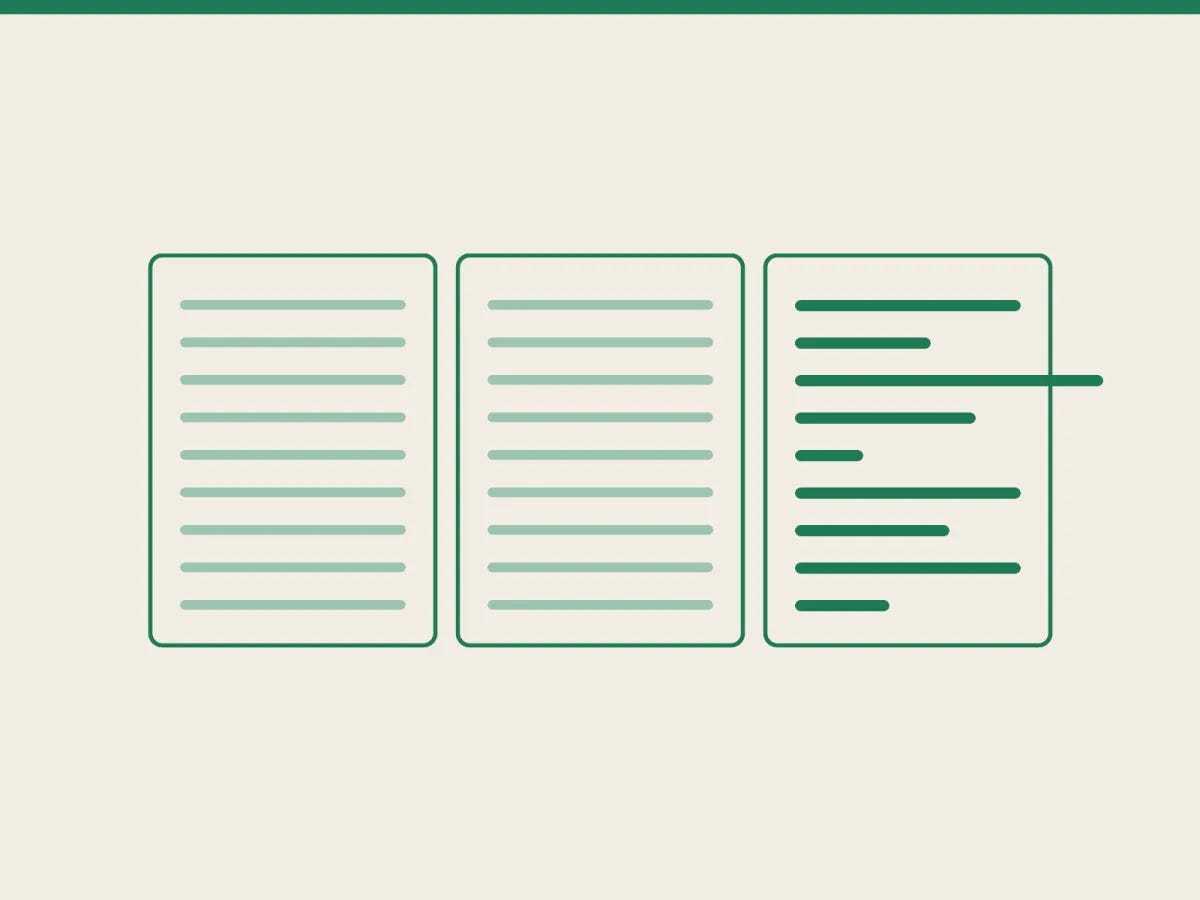 Three text cards, two with perfectly uniform lines, one with uneven lines running past the edge