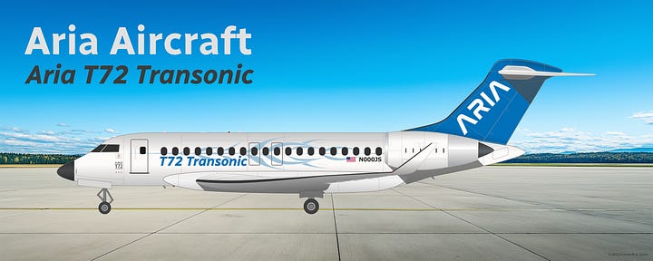 Aria T72 Transonic airliner in house livery, shown in side view while in midflight and while parked on a tarmac.