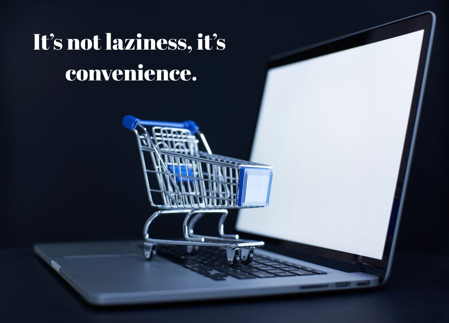 I used Canva's photo of a shopping cart on top of a laptop and added the words, it's not laziness, it's convenience.