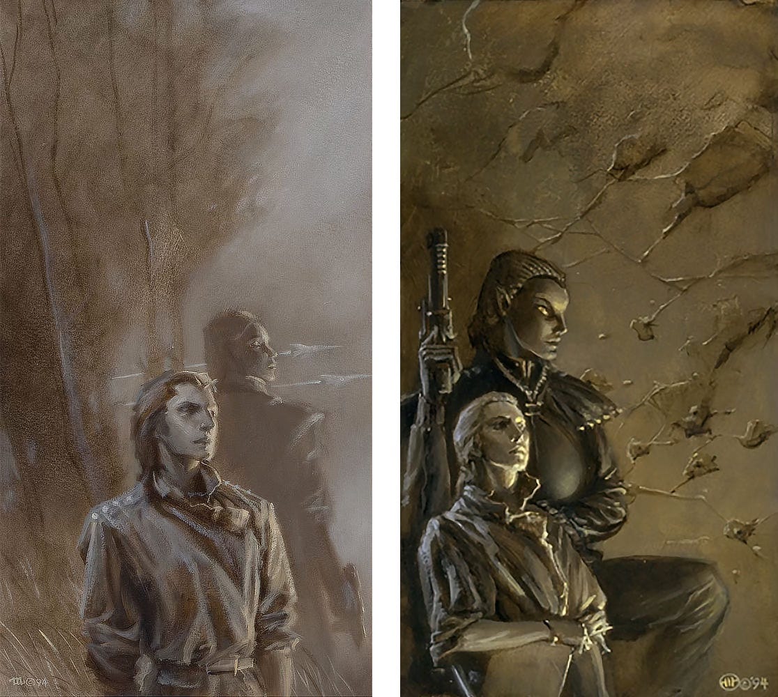 LEFT: Preliminary concept for INVADER featuring a man standing in front of a taller alien. A pair of jets streak past the trees loosely rendered in the background. RIGHT: Preliminary concept for INVADER featuring a human male protectively clutching his shoulder bag while a much taller alien woman with onyx skin lays a hand on his shoulder. She holds up a pistol with her other hand. The wall behind them is riddled with bullet holes. LEFT: Preliminary concept for INVADER featuring a man standing in front of a taller alien. A pair of jets streak past the trees loosely rendered in the background. RIGHT: Preliminary concept for INVADER featuring a human male protectively clutching his shoulder bag while a much taller alien woman with onyx skin lays a hand on his shoulder. She holds up a pistol with her other hand. The wall behind them is riddled with bullet holes.