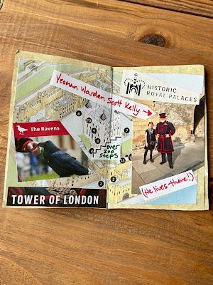 A map of the Tower of London, a picture of a raven, and me standing next to a King's Bodyguard named Yeoman Warden Scott Kelly. A map of the Tower of London, a picture of a raven, and me standing next to a King's Bodyguard named Yeoman Warden Scott Kelly.