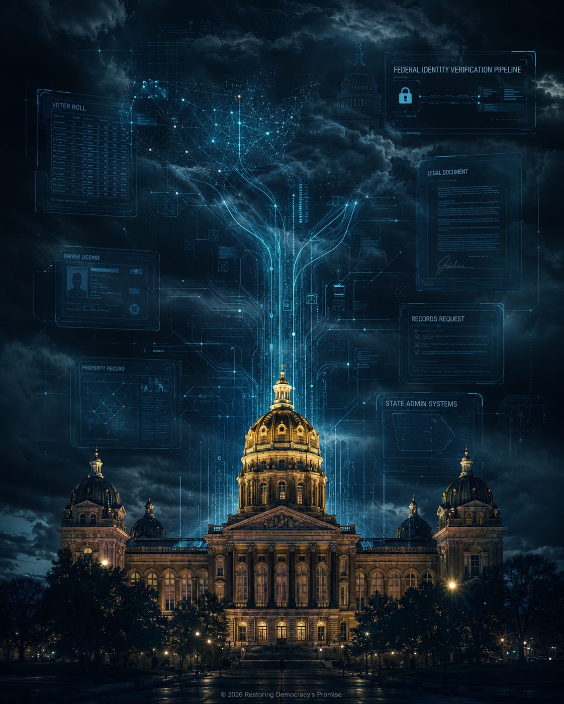 Dramatic digital illustration of the Iowa Capitol at night, with glowing blue data streams and interface panels rising from the building into storm clouds, symbolizing voter records and state data moving into a federal verification system.