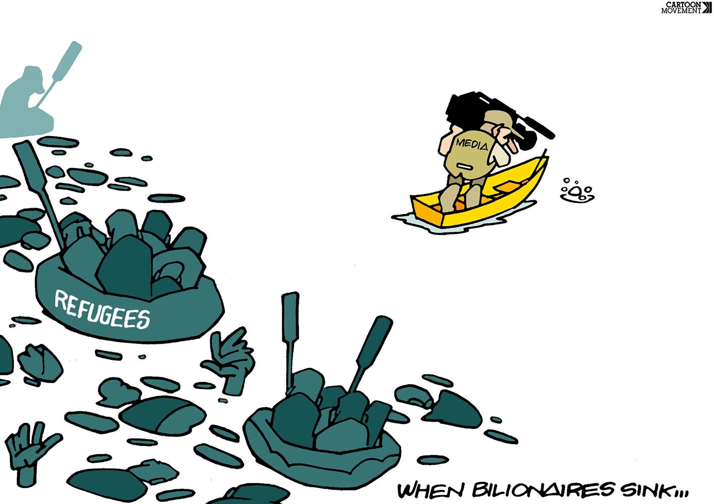 Cartoon showing a cameraman in a boat filming a spot in the water where bubbles are rising up, while behind him several boats full of refugees are sinking and people are drowning.