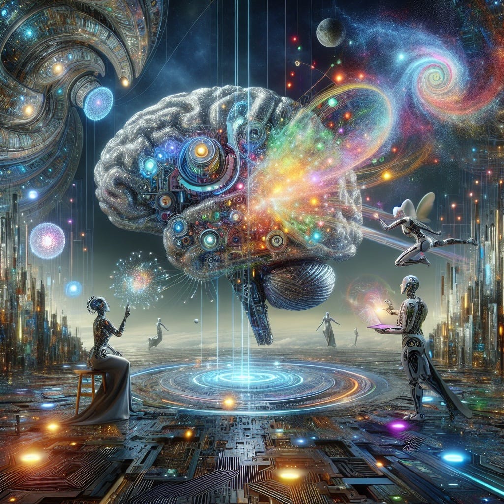 This image encapsulates the idea of how artificial intelligence can be used as a tool to enhance and augment human creativity. It suggests a harmonious relationship between humans and AI, where AI is not seen as a threat but rather as a partner in the creative process. The image shows a human figure and an AI entity working together, symbolizing the collaboration between human creativity and AI capabilities. The vibrant colors and abstract shapes represent the limitless possibilities that this partnership can bring about. In the context of this image, embracing AI for creativity means leveraging the computational power and pattern recognition capabilities of AI to generate new ideas, solve complex problems, and create innovative solutions. It's about using AI not to replace human creativity, but to amplify it. This image encapsulates the idea of how artificial intelligence can be used as a tool to enhance and augment human creativity. It suggests a harmonious relationship between humans and AI, where AI is not seen as a threat but rather as a partner in the creative process. The image shows a human figure and an AI entity working together, symbolizing the collaboration between human creativity and AI capabilities. The vibrant colors and abstract shapes represent the limitless possibilities that this partnership can bring about. In the context of this image, embracing AI for creativity means leveraging the computational power and pattern recognition capabilities of AI to generate new ideas, solve complex problems, and create innovative solutions. It's about using AI not to replace human creativity, but to amplify it.