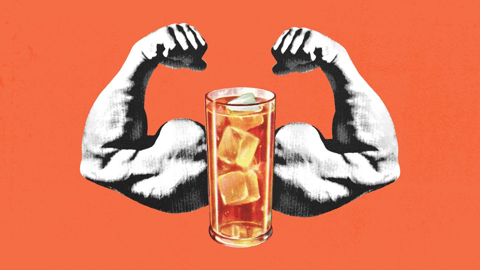 An illustration of a glass of iced tea with biceps