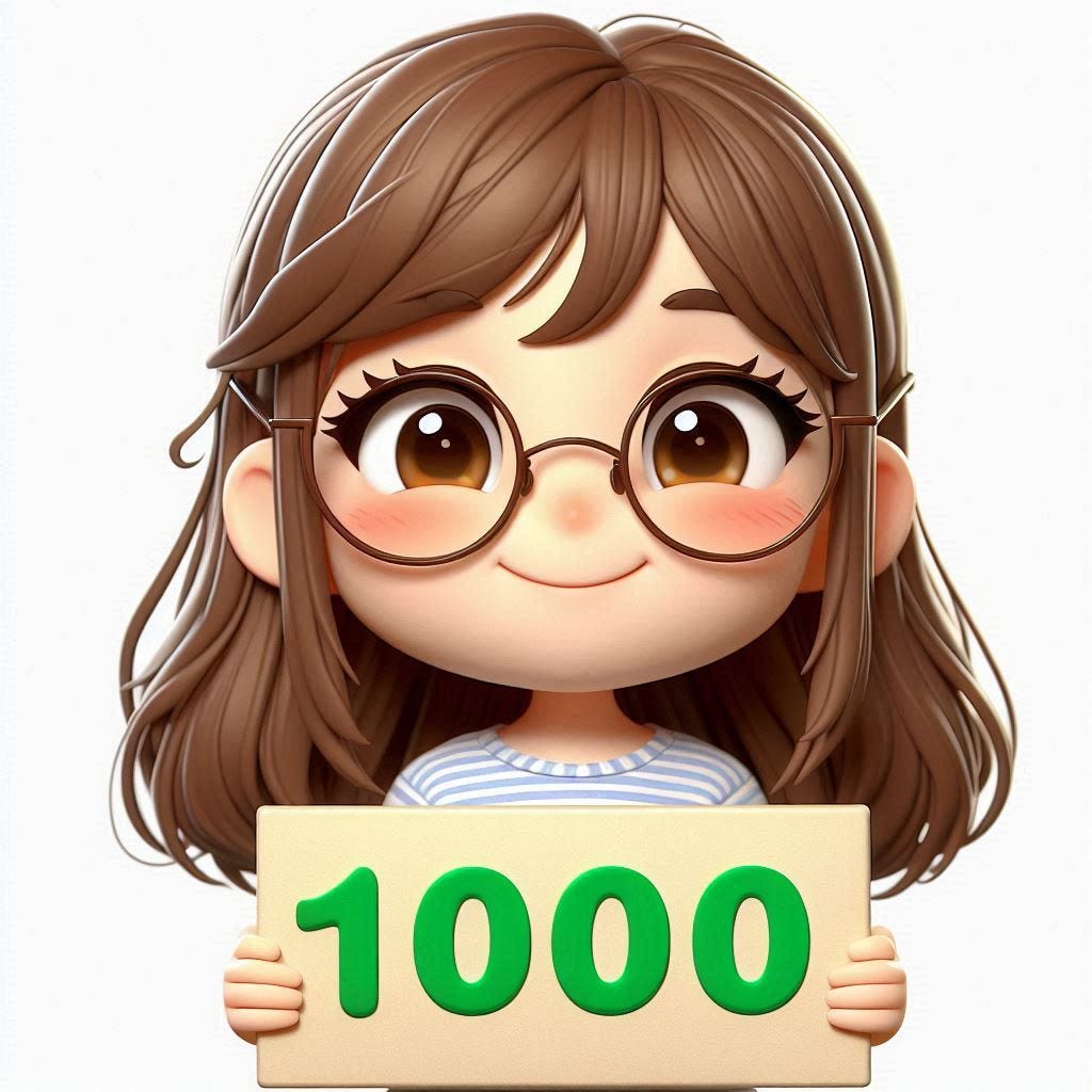 desendo uma menina fofa 3d de cabelos castanhos compridos feliz de oculos estudiosa com uma placa escrita o numero "1000" (mil). fundo branco