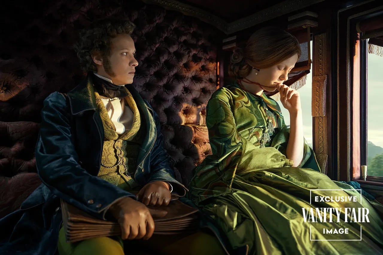 Felix Kammerer as William Frankenstein and Mia Goth as Elizabeth Harlander in Guillermo del Toro’s Frankenstein Felix Kammerer as William Frankenstein and Mia Goth as Elizabeth Harlander in Guillermo del Toro’s Frankenstein