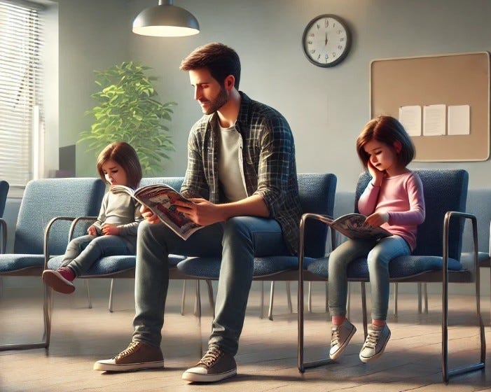 A father sits in a waiting room with his two daughters. He is dressed in casual attire and is reading a magazine.