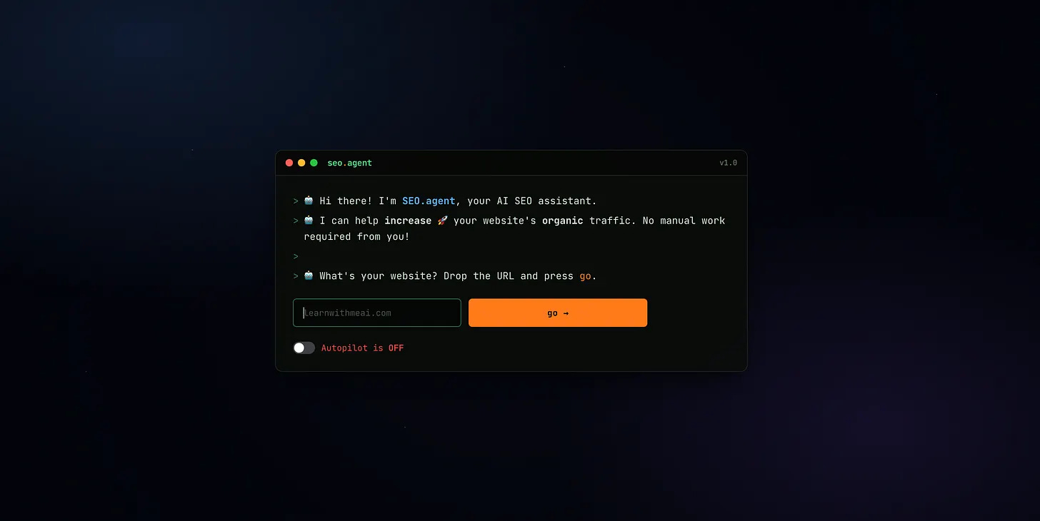 SEO agent built with Claude Code showing a dark terminal chat interface asking for a website URL SEO agent built with Claude Code showing a dark terminal chat interface asking for a website URL