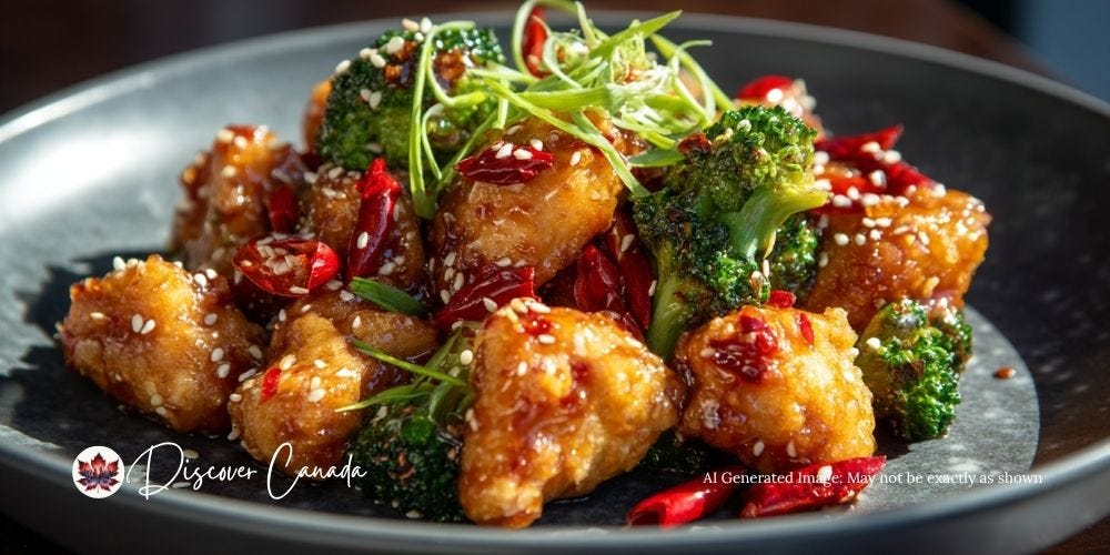 General Tso’s chicken glazed in sweet-spicy sauce with red chilies and sesame seeds, served with broccoli.