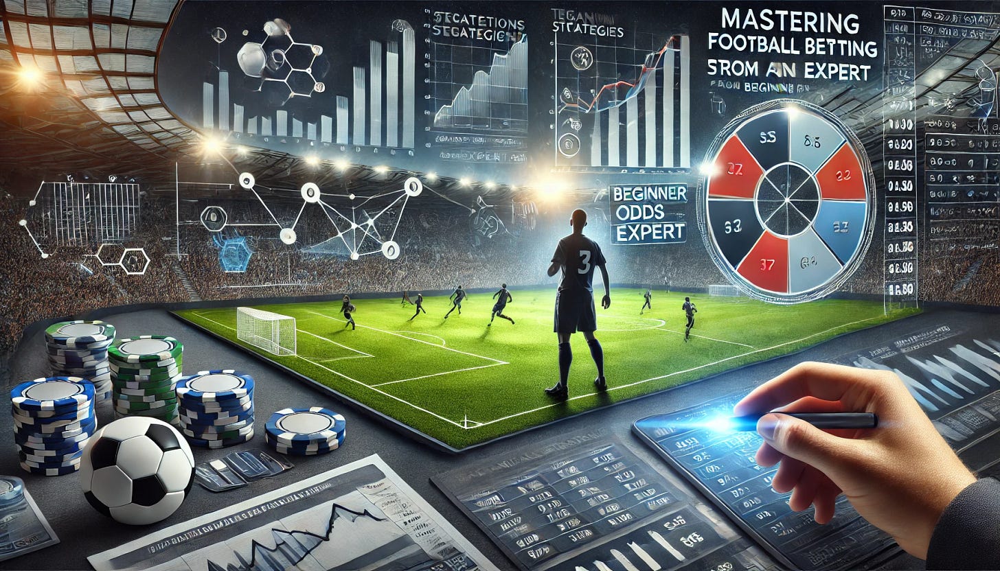 A professional and strategic digital artwork for a website cover featuring the theme 'Mastering Football Betting Strategies: From Beginner to Expert'. The image showcases a bettor analyzing advanced football betting strategies on a sleek digital interface, featuring match statistics, odds comparison, and predictive analytics. A dynamic scene of a football stadium in the background enhances the intensity, with a spotlight on a high-stakes match. Additional elements such as tactical formations, betting slips, and fluctuating odds charts create an atmosphere of in-depth analysis and expertise in football betting.