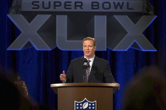 roger goodell talking at reporters for xlix state of the nfl address