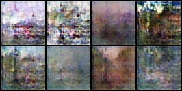 Grid of generated images showing the progression of the DCGAN model learning Monet's style from epoch 500.