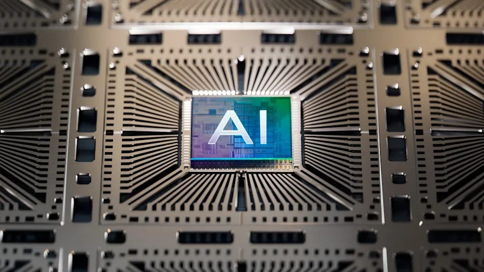 Close-up of an AI semiconductor chip embedded in advanced processor hardware and circuitry.