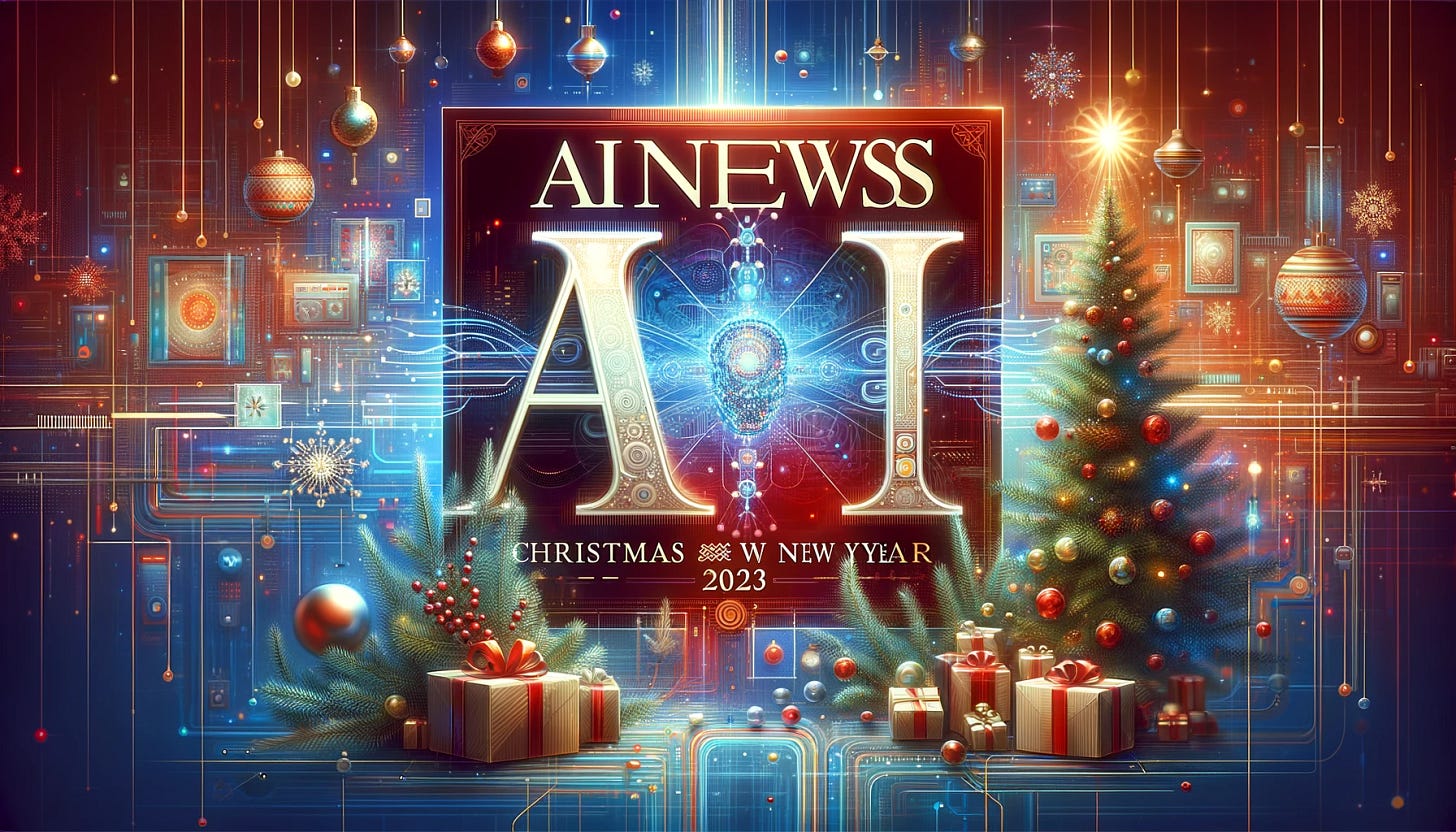 A sophisticated and festive image suitable for a magazine cover, intended for the AI News weekly magazine's Christmas and New Year edition 2023. The image should not resemble a magazine cover, but instead, be a standalone illustration. It must prominently feature the correctly spelled text 'AI NEWS' in a central, eye-catching position. The background should be a blend of AI themes and Yuletide celebration, incorporating elements like digital landscapes, AI concepts, and festive Christmas imagery such as trees, lights, and snowflakes. The color palette should be a mix of traditional Christmas colors and futuristic hues, creating a vibrant and engaging composition suitable for a technology-focused holiday edition.
