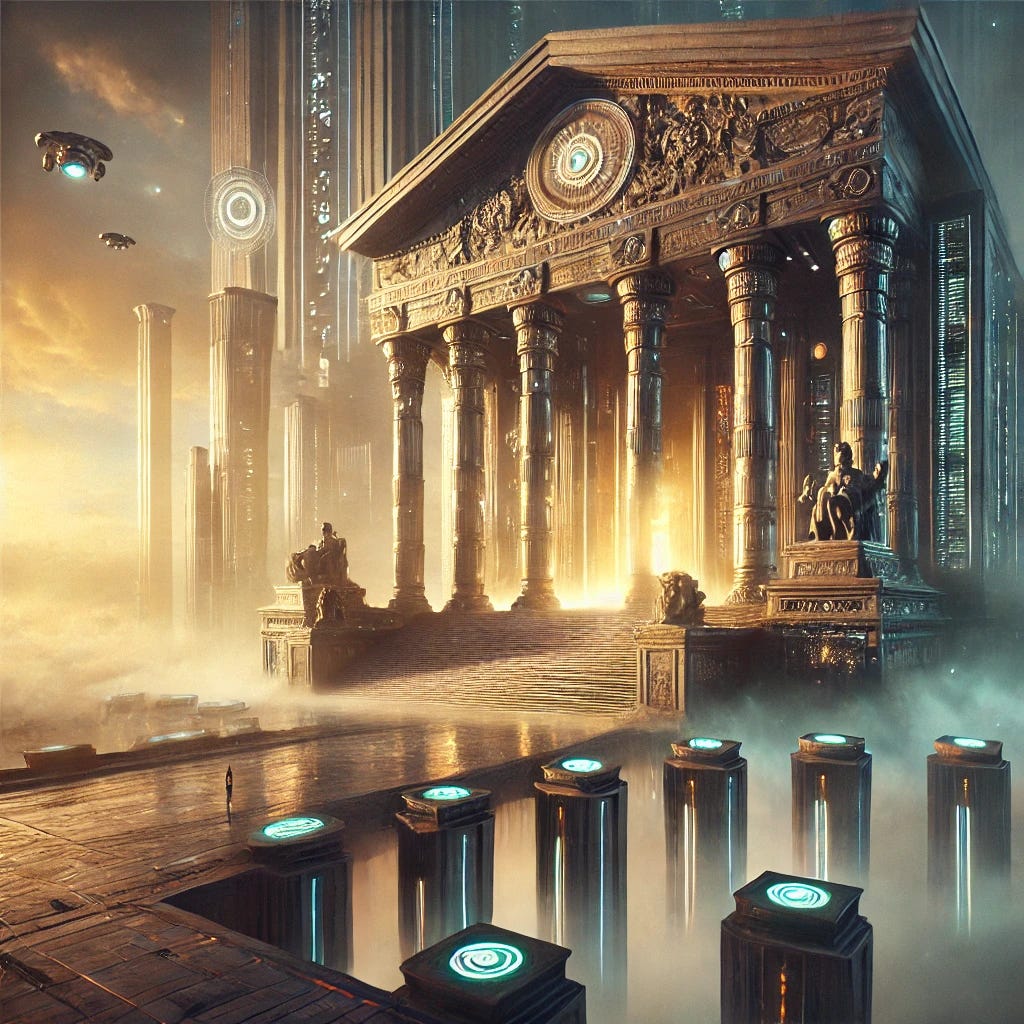 A grand government building blending elements of surrealism, fantasy concept art, and photorealistic rendering. The structure is monumental, featuring intricate stone and metallic textures, towering columns, and glowing engravings. The lighting is cinematic, bathed in a warm, golden-hour glow that contrasts with cooler shadows, creating a dramatic and ethereal atmosphere. The composition is dreamlike, with floating platforms, misty surroundings, and an otherworldly sky filled with luminous clouds. Subtle technology themes are integrated—glowing circuits embedded in the stone, hovering drones, and faintly visible futuristic symbols. The overall mood is mystical, majestic, and slightly futuristic, evoking a sense of grandeur and timelessness.