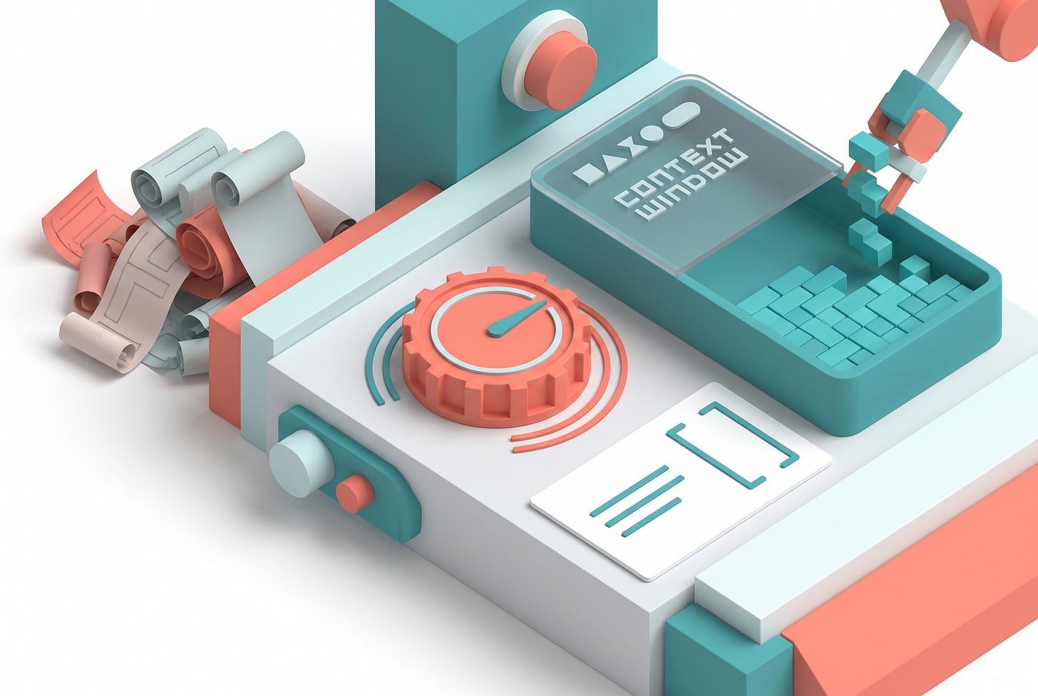 An isometric prompt console: a small effort dial with notched settings, a context-window tray that is filling up, a structured-output card, and a short clean instruction slip, with a discarded pile of long elaborate prompt scrolls off to one side
