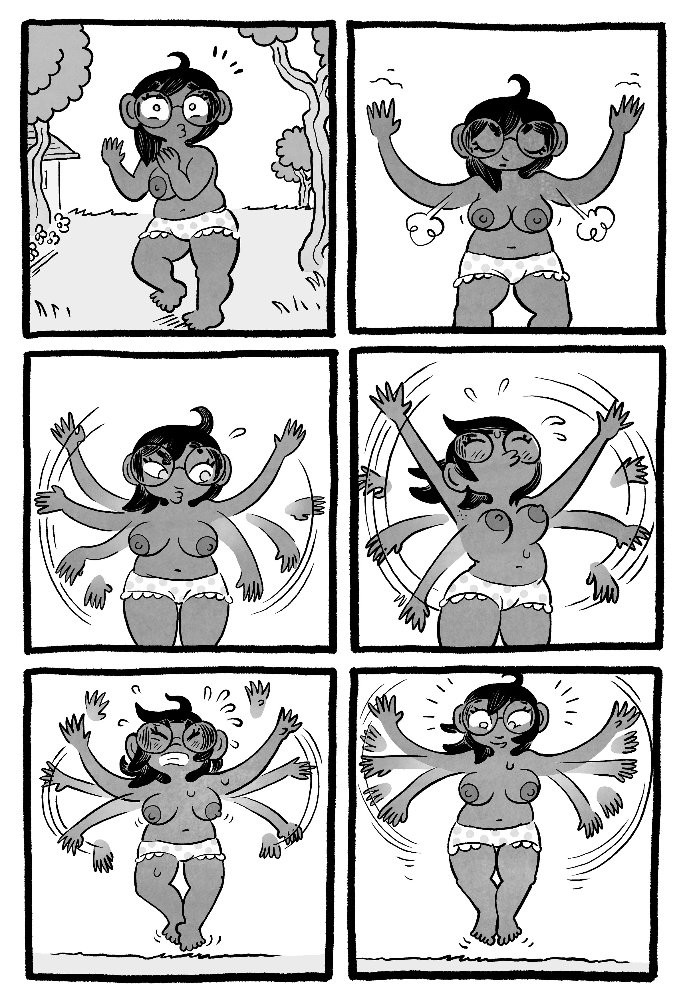 Six panels show the woman trying to fly by flapping her arms. She starts nervously, flaps harder and harder, then finally hovers just above the ground with a small smile. Six panels show the woman trying to fly by flapping her arms. She starts nervously, flaps harder and harder, then finally hovers just above the ground with a small smile.
