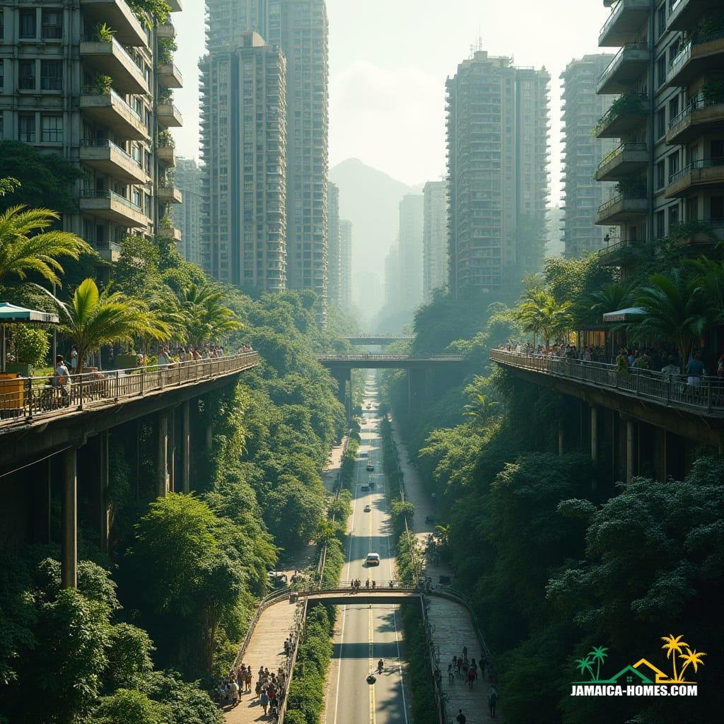 Downtown Kingston's sleek skyscrapers, wrapped in lush greenery and cascading waterfalls, surrounded by Jamaican vendors in sky-level public plazas, reggae murals on lower levels, amidst modern elevated roads, with tropical mountain backdrop, in a cinematic film still, inspired by the styles of Syd Mead, Ash Thorp, and Simon Stalenhag, with film grain, vignette, and color grading, evoking a sense of epic, atmospheric, and dramatic, 35mm film quality.