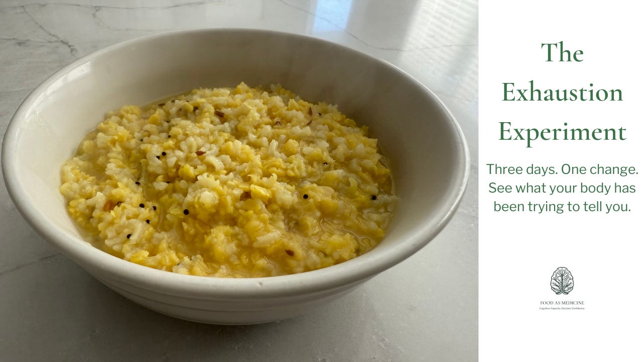 Cover image for The Exhaustion Experiment — a minimalist design with warm, earthy tones suggesting nourishment and calm.