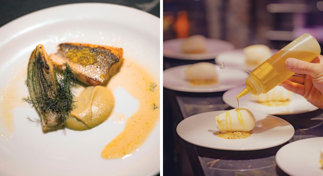 Two pictures - one of a plate of sea bass and one of plates of ice cream being drizzled with olive oil Two pictures - one of a plate of sea bass and one of plates of ice cream being drizzled with olive oil