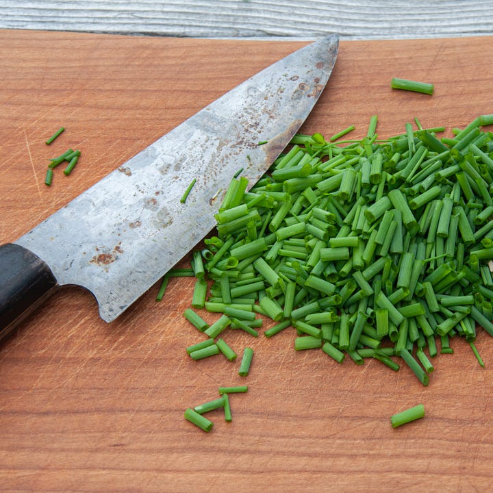 Diptych: Left image a bunch of sprigs of green chives emerge from the brown earth; right - a rusted knife rests on a wooden cutting board next to a pile of cut green chive stems.