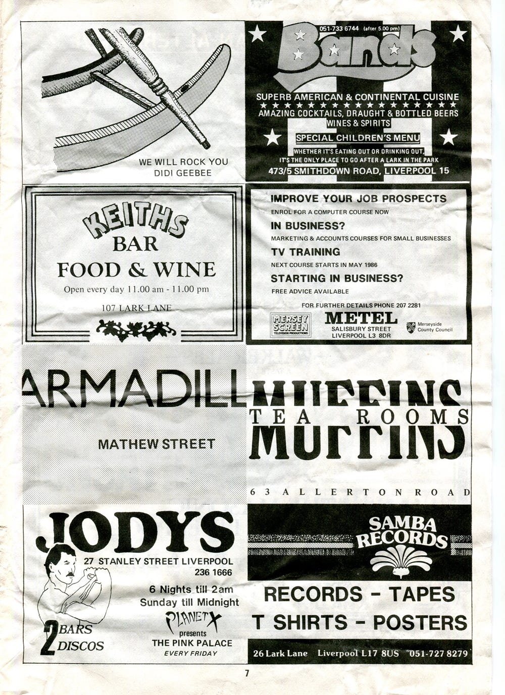 Page 3 of the Larks 1985 programme with adverts for Keith's Wine Bar in Lark Lane, Jody's in Stanley Street and other Liverpool businesses. 