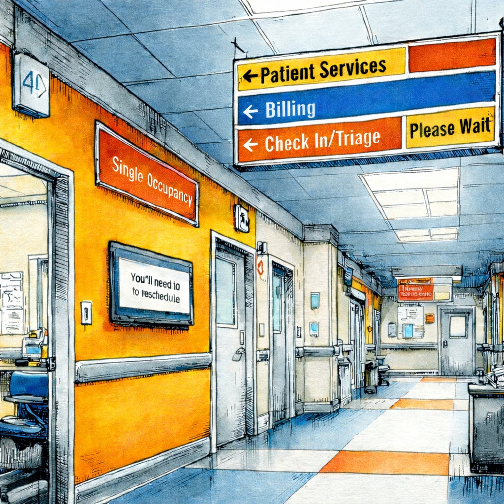A stylized hospital hallway with bright directional signage pointing to Patient Services, Billing, and Check In / Triage, rendered in a muted, slightly surreal illustration style. The corridor appears orderly and responsive, yet disorienting, with closed doors, generic instructions, and signs that promise help without providing resolution. This image visually represents reality drift and constraint loss in modern institutions, where systems remain fluent and operational while failing to orient people to outcomes or accountability. The polished language and clear wayfinding contrast with the lived experience of uncertainty, illustrating how institutional fluency can mask stalled processes, diffuse responsibility, and the erosion of the constraint layer that once bound language, action, and consequence. A stylized hospital hallway with bright directional signage pointing to Patient Services, Billing, and Check In / Triage, rendered in a muted, slightly surreal illustration style. The corridor appears orderly and responsive, yet disorienting, with closed doors, generic instructions, and signs that promise help without providing resolution. This image visually represents reality drift and constraint loss in modern institutions, where systems remain fluent and operational while failing to orient people to outcomes or accountability. The polished language and clear wayfinding contrast with the lived experience of uncertainty, illustrating how institutional fluency can mask stalled processes, diffuse responsibility, and the erosion of the constraint layer that once bound language, action, and consequence.