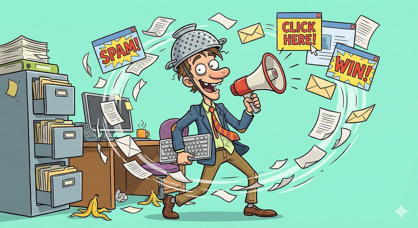 cartoon of a goofy guy with papers fly all around him indicating that he is posting spam (Restack your own Substack posts)