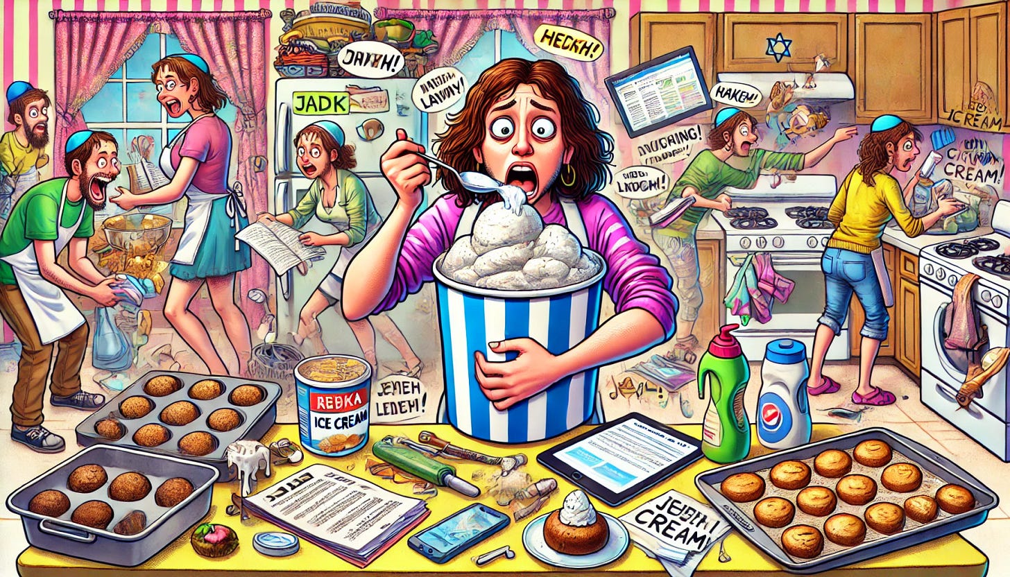Create a humorous and lively illustration for an article about a woman named Rivka who is overwhelmed by multitasking due to ADHD. Show her in a chaotic kitchen, surrounded by various tasks like baking, folding laundry, answering emails, and managing a to-do list, all happening at once. Rivka should be in the center of the image, holding a quart of ice cream with a spoon, looking frazzled but determined, as she finds solace in the ice cream. The scene should be colorful, slightly exaggerated, and filled with energy to reflect the humorous tone of the article. The background should have hints of Yiddish culture, like a menorah or a Star of David, subtly incorporated into the scene.