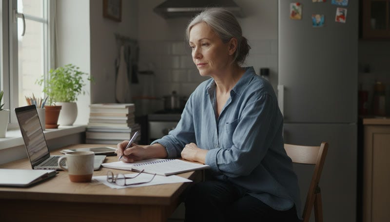Mujer de unos 55-60 años trabajando en su proyecto sostenible, en su salón, portátil abierto, libreta al lado, expresión concentrada pero tranquila. No parece influencer. Luz natural lateral. Sensación de vida auténtica, no de escaparate. Mujer de unos 55-60 años trabajando en su proyecto sostenible, en su salón, portátil abierto, libreta al lado, expresión concentrada pero tranquila. No parece influencer. Luz natural lateral. Sensación de vida auténtica, no de escaparate.