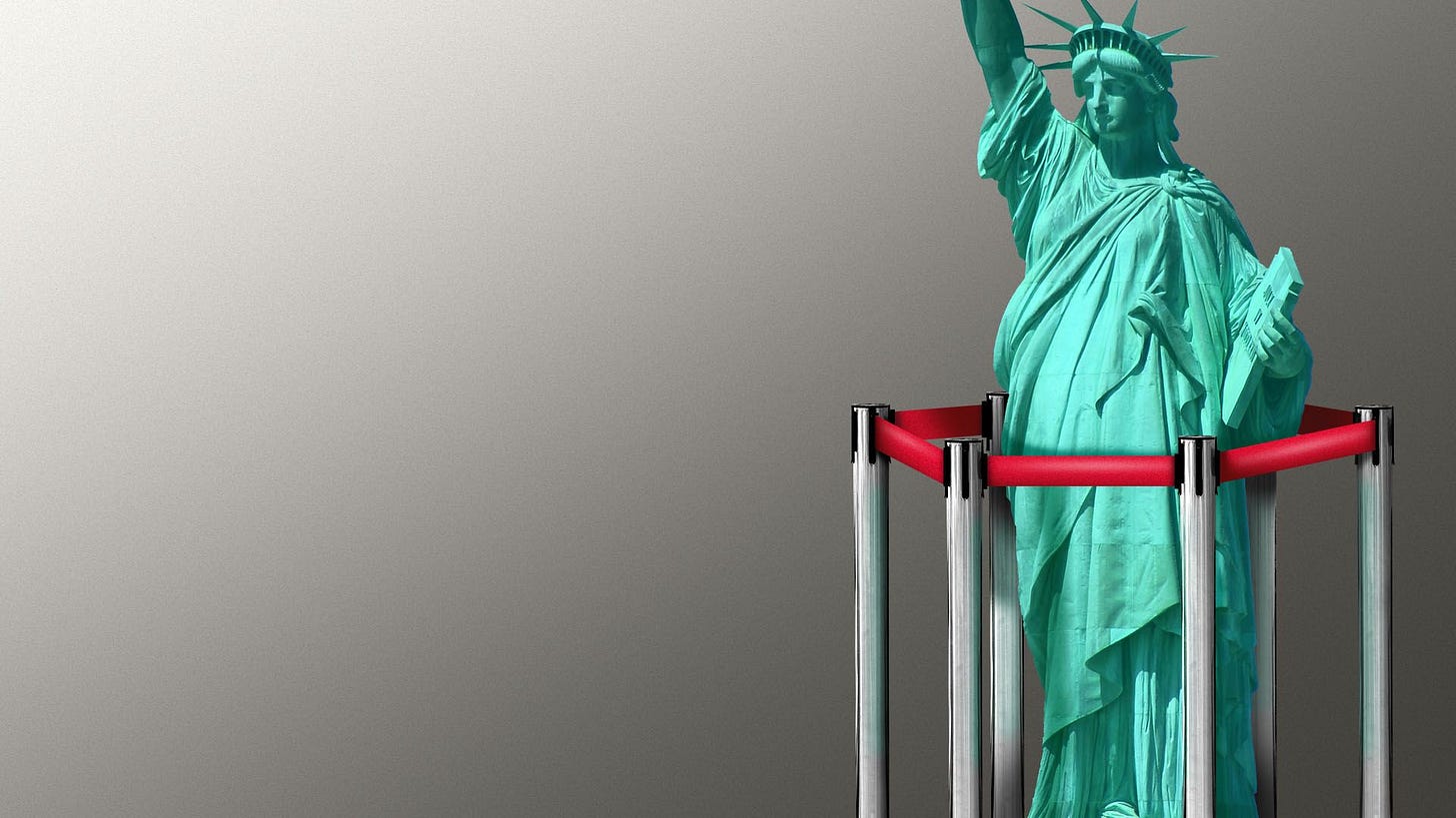 An illustration of the Statue of Liberty cordoned off by metal posts connected with red velvet ropes on a gray gradient background.