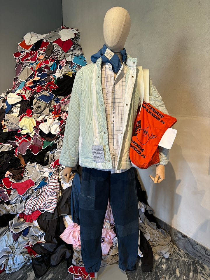 several photos of mannequins in clothes made from discarded materials